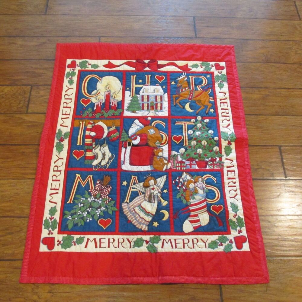 Merry Merry Hand quilted Quilt throw Christmas tree bears reindeer 35x45
